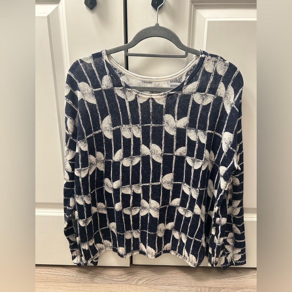 NIC+ZOE Navy White Geometric Leaf Print Crewneck Long SleeveSweater Large Cotton
